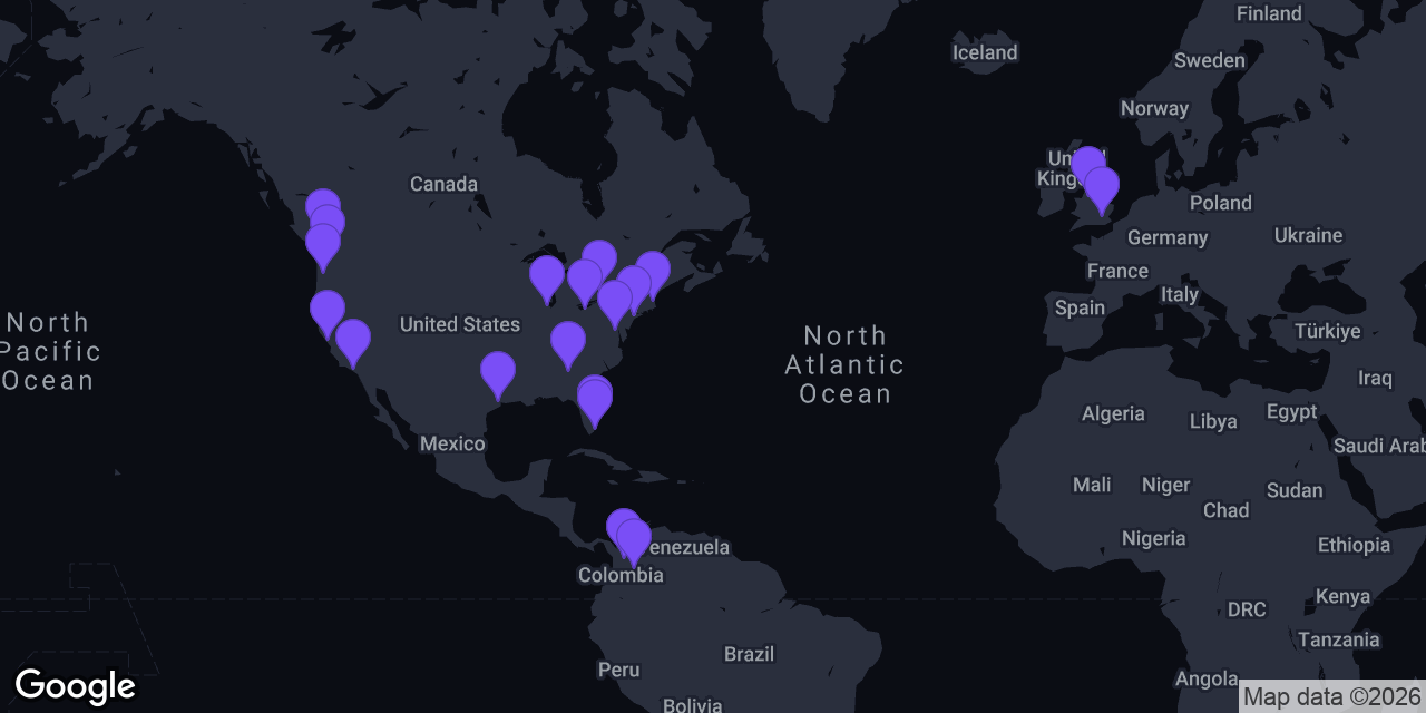 Map of all FlexyVO virtual office locations across the USA, UK, Canada, and Colombia