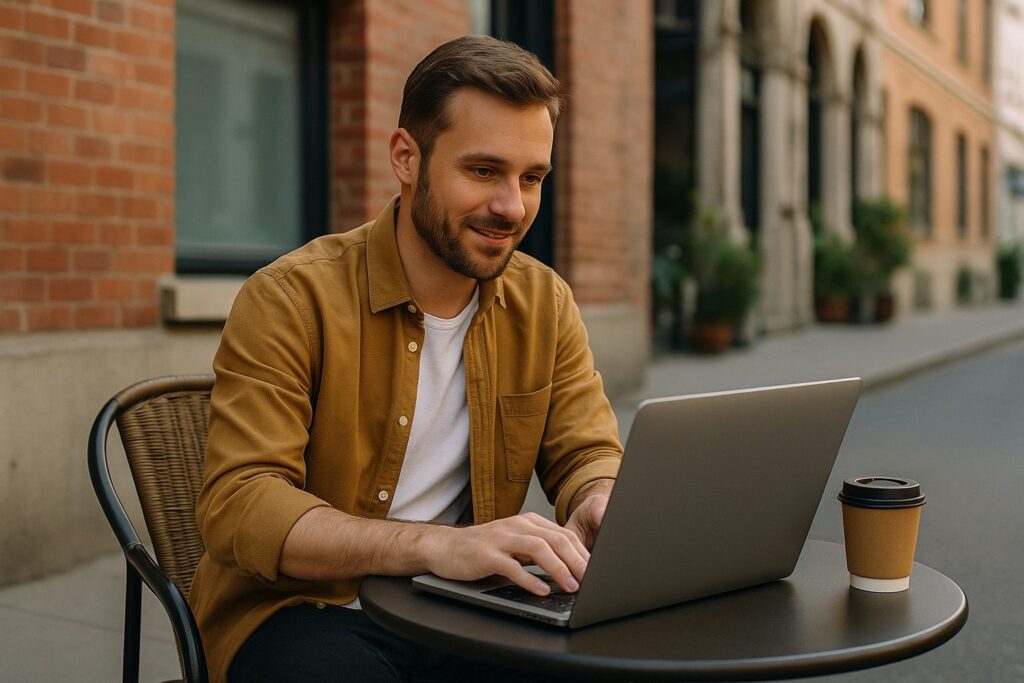 A digital entrepreneur working remotely on a laptop at an outdoor café, representing the freedom and flexibility offered by Flexy Virtual Office solutions.
