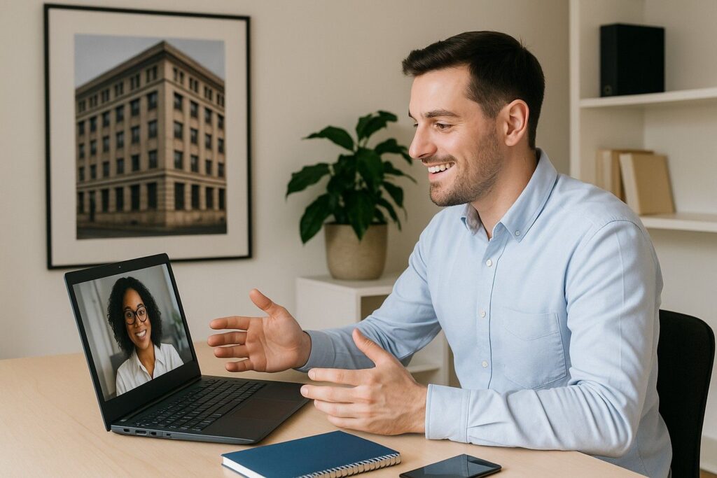 Remote professional on a video call, symbolizing trust with Flexy virtual office address.
