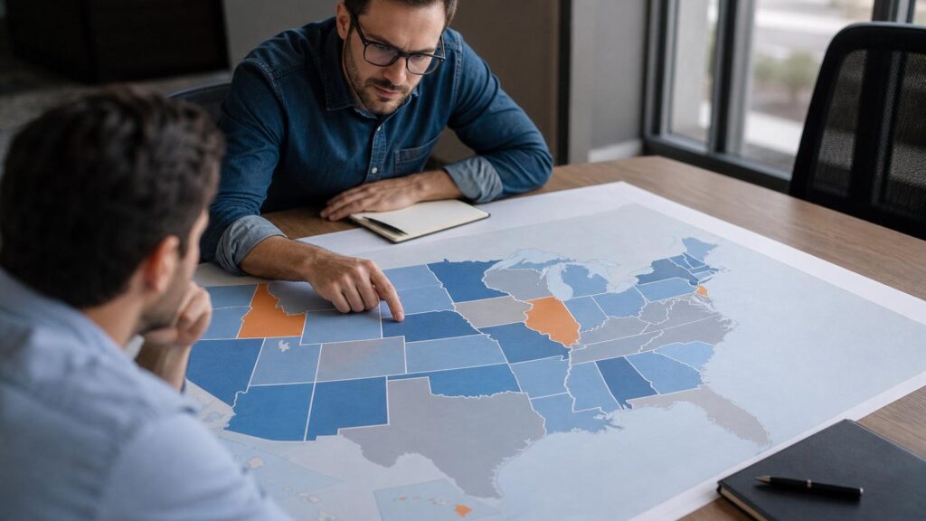 International business team planning US market expansion strategy with data charts and laptop.