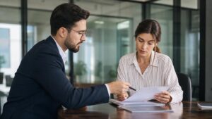 Business professional reviewing a bank rejection notice next to a virtual office address document.