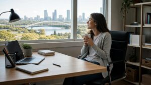 Woman drinking coffee at her desk, working remotely from home using a virtual business address instead of a leased office